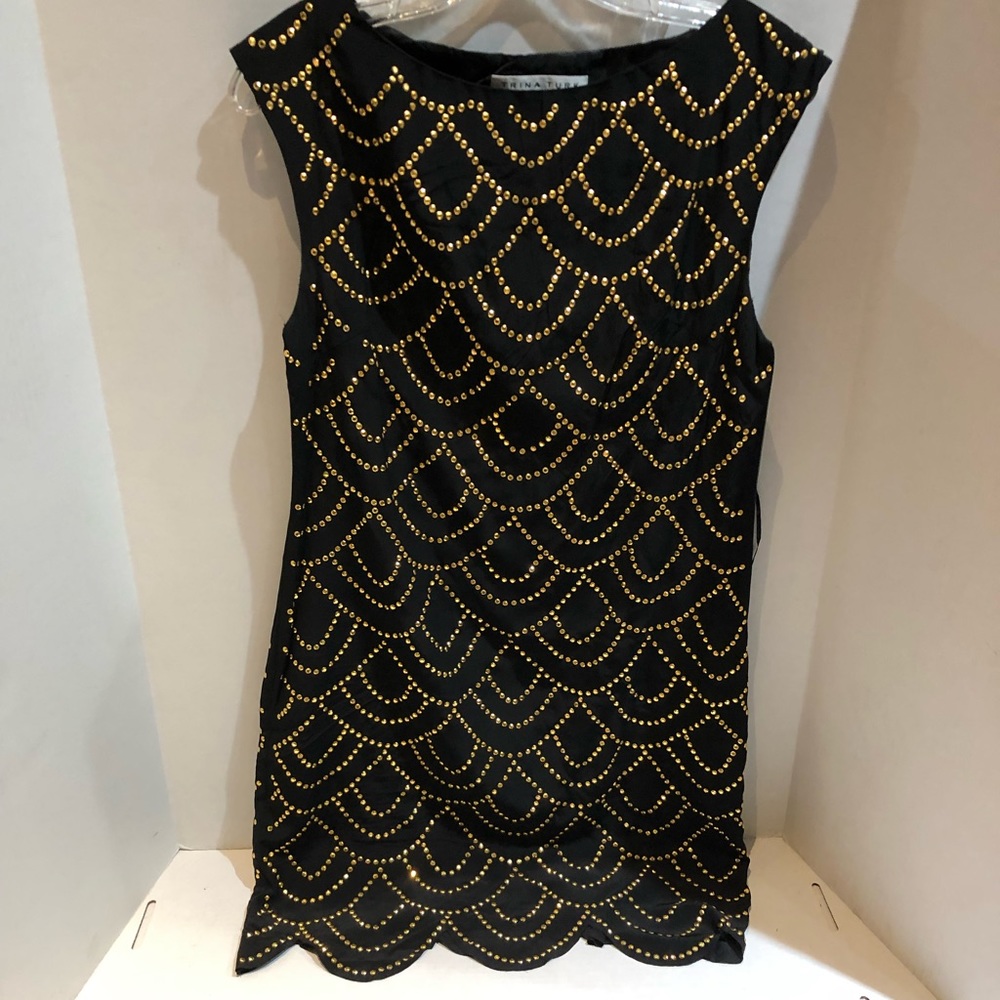 Trina Turk Black Gold studded 100% silk Dress size 2